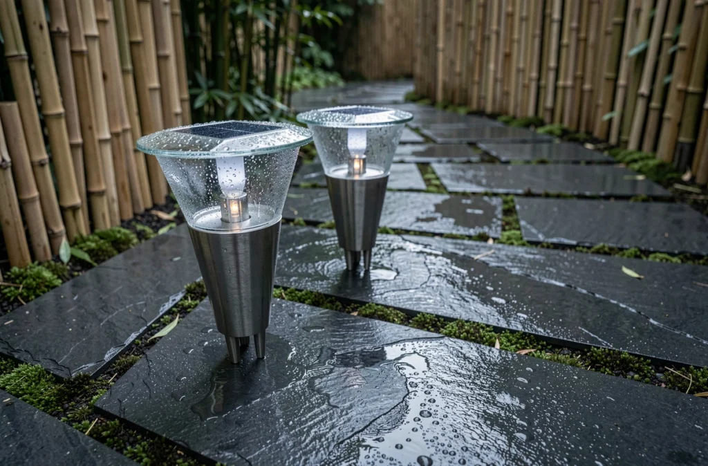 Gros plan sur des luminaires solaires inox sur allée en ardoise mouillée dans un jardin urbain