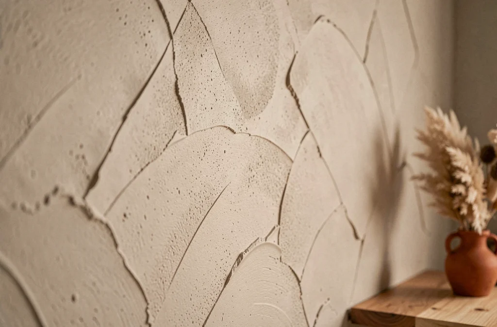 Gros plan sur une finition micro-ciment texturé en argile claire pour mur de chambre contemporaine