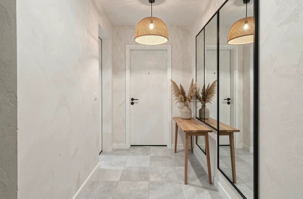 Couloir d'entrée étroit avec miroir pleine hauteur à cadre noir mat reflétant la console en bois et agrandissant visuellement l'espace d'entrée