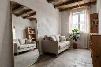 Grand miroir à cadre en laiton appuyé contre un mur blanc dans un studio compact, reflétant la profondeur de la pièce et agrandissant visuellement l'espace