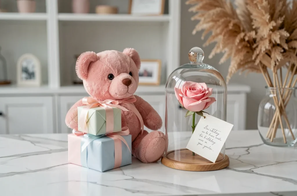 Mise en scène d'anniversaire romantique avec ourson en roses roses, cadeaux pastel et cloche en verre sur marbre blanc