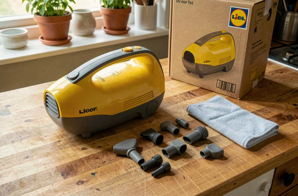 Nettoyeur vapeur Lidl posé sur un comptoir en bois avec ses accessoires et son emballage pour un test comparatif