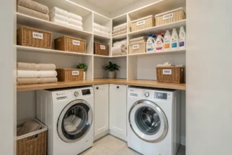 Buanderie familiale bien organisée avec étagères blanches, paniers en osier étiquetés et lave-linge encastré sous un plan de travail en bois