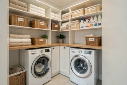 Buanderie familiale bien organisée avec étagères blanches, paniers en osier étiquetés et lave-linge encastré sous un plan de travail en bois