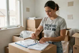 Femme organisant ses clés dans une pochette transparente lors d'un déménagement
