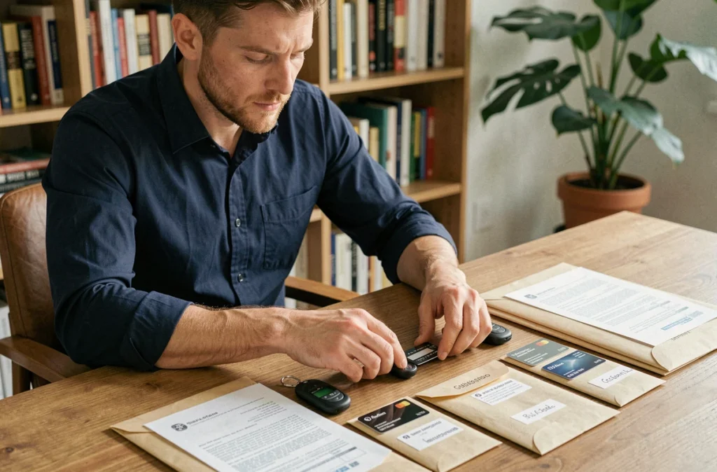 Homme organisant des badges d'accès et documents d'immeuble dans une enveloppe étiquetée sur un bureau en bois