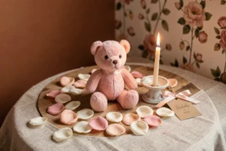 Ourson en roses roses posé sur une table en bois décorée de pétales séchés et d'une bougie d'anniversaire pour une mise en scène romantique