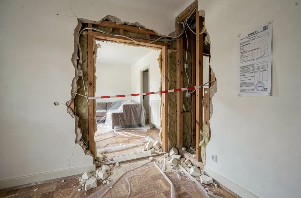 Ouverture dans un mur non porteur en cours de démolition révélant la structure intérieure et les documents d'autorisation affichés
