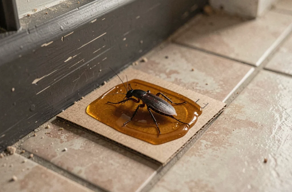 Piège à colle pour cafard noir posé le long d'une plinthe de cuisine avec insecte capturé visible sur la surface adhésive
