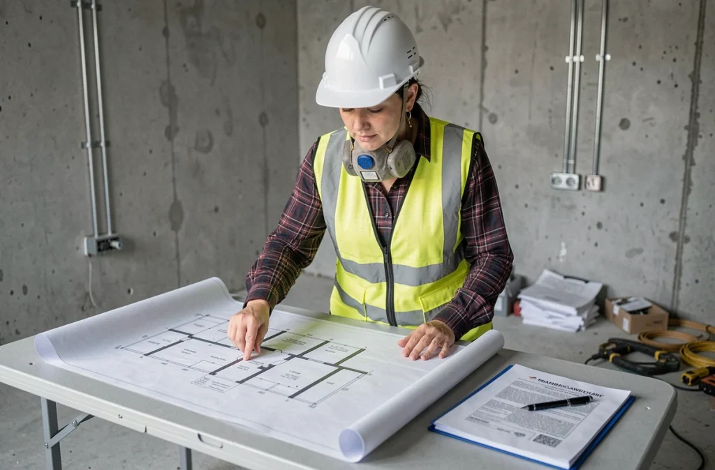 Femme cheffe de chantier consultant un plan architectural pour autorisation de démolition d'un mur intérieur
