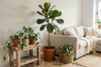 Coin salon moderne et cosy décoré de grandes plantes vertes tropicales dans des pots en terre cuite, ambiance naturelle et chaleureuse