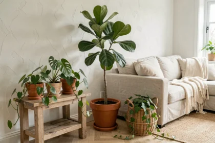 Coin salon moderne et cosy décoré de grandes plantes vertes tropicales dans des pots en terre cuite, ambiance naturelle et chaleureuse