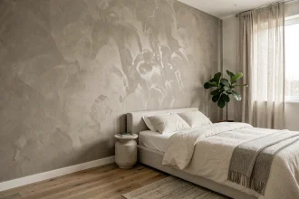 Chambre moderne avec mur en plâtre vénitien greige et parquet chêne, finition tendance pour décoration contemporaine