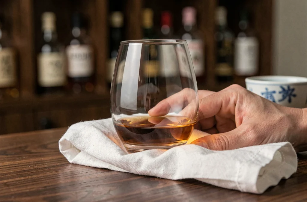 Polissage soigneux d'un verre à whisky japonais en cristal avec un chiffon en lin blanc sur une table en noyer dans un bar à domicile