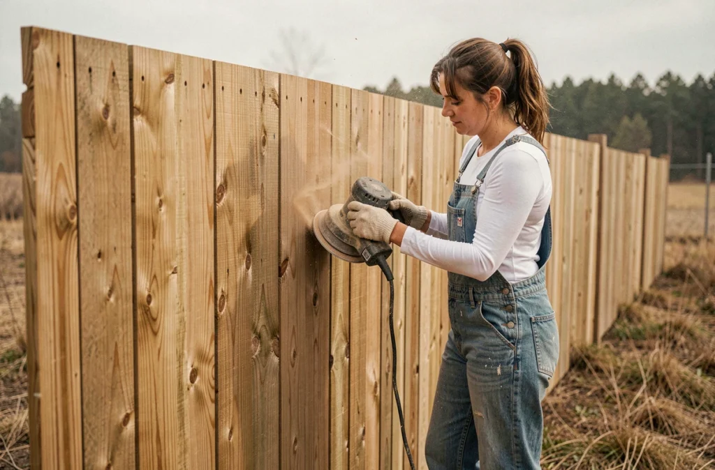 Femme ponçant une clôture en bois avec une ponceuse électrique pour préparer la surface avant traitement