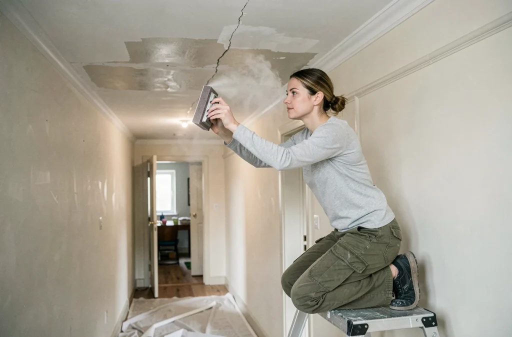 Femme ponçant une réparation de fissure au plafond sur un escabeau dans un couloir d'appartement ancien