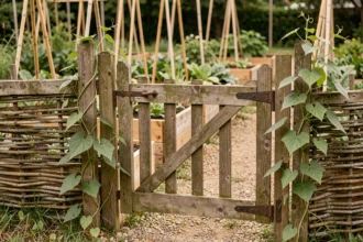 Portillon en bois avec gonds en fer forgé à l'entrée d'un potager avec carrés de légumes en arrière-plan
