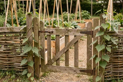 Portillon en bois avec gonds en fer forgé à l'entrée d'un potager avec carrés de légumes en arrière-plan