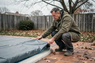 Homme posant une bâche hivernale sur une piscine extérieure en automne lors des étapes d'hivernage