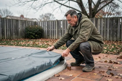 Homme posant une bâche hivernale sur une piscine extérieure en automne lors des étapes d'hivernage