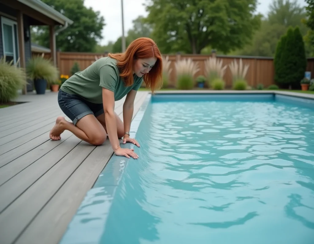 Femme installant une couverture thermique sur une piscine résidentielle pour limiter l'évaporation et optimiser la consommation d'eau