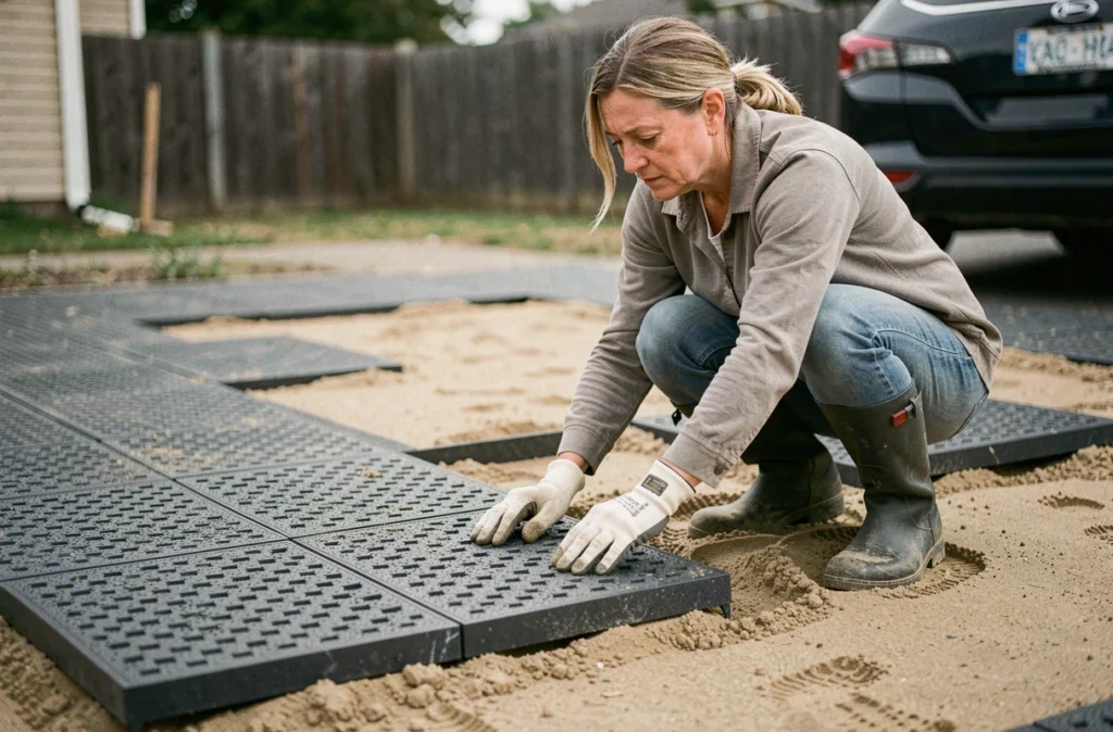Femme posant des dalles en caoutchouc perméables sur une allée de maison sans travaux lourds