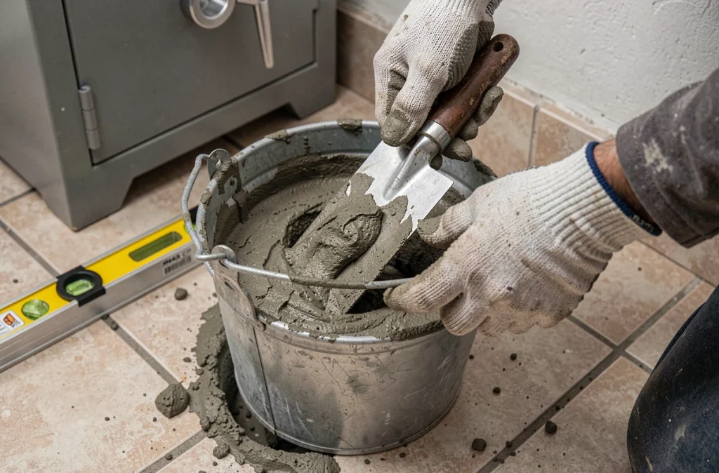 Gros plan sur des mains gantées préparant du mortier pour sceller un coffre fort dans une cloison