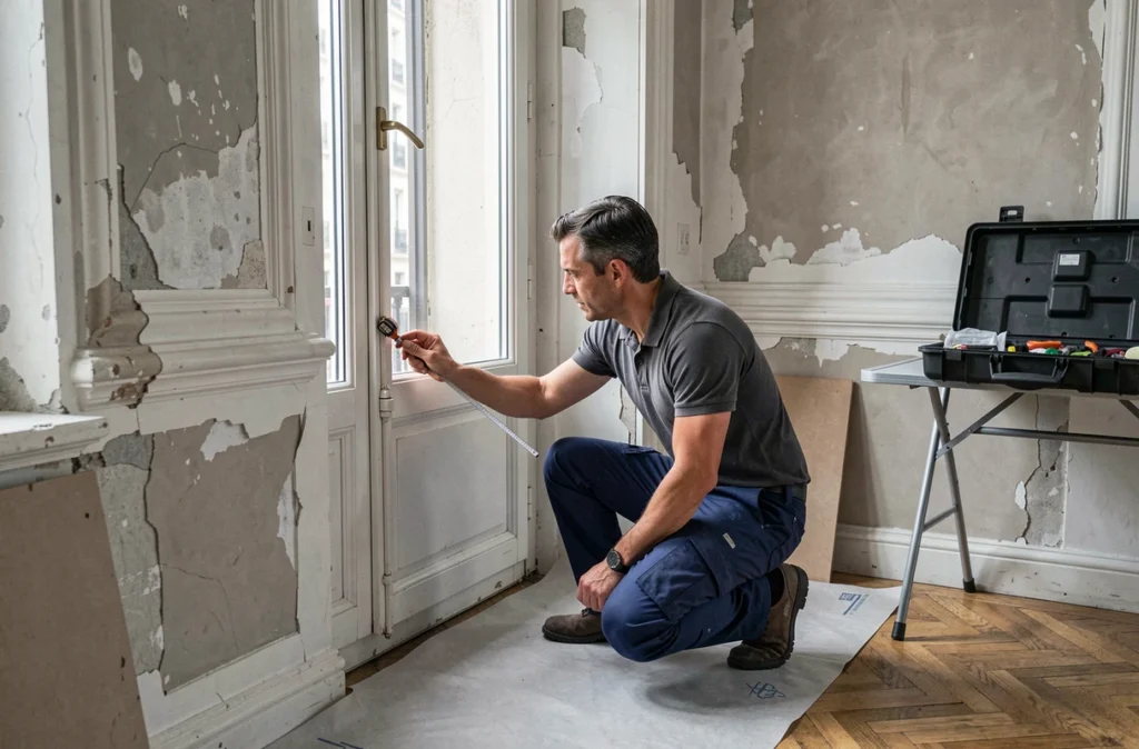Installateur professionnel mesurant un cadre de fenêtre ancienne dans un appartement haussmannien en cours de rénovation phonique