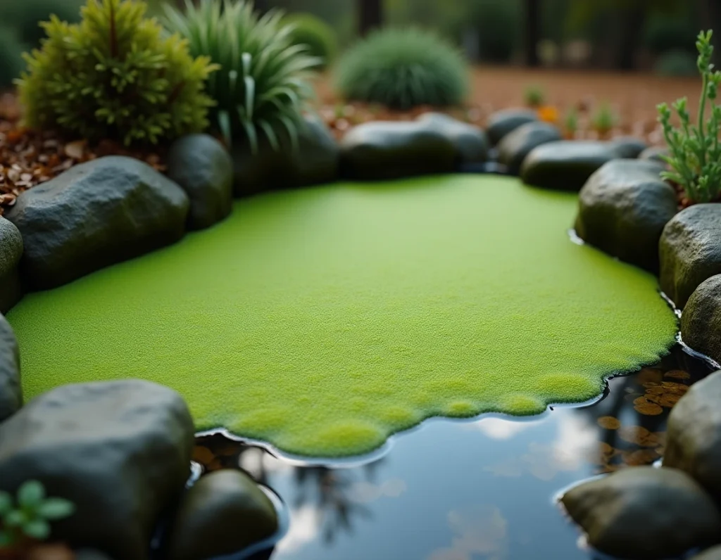 Prolifération d'algues filamenteuses vertes à la surface d'un bassin de jardin ornemental