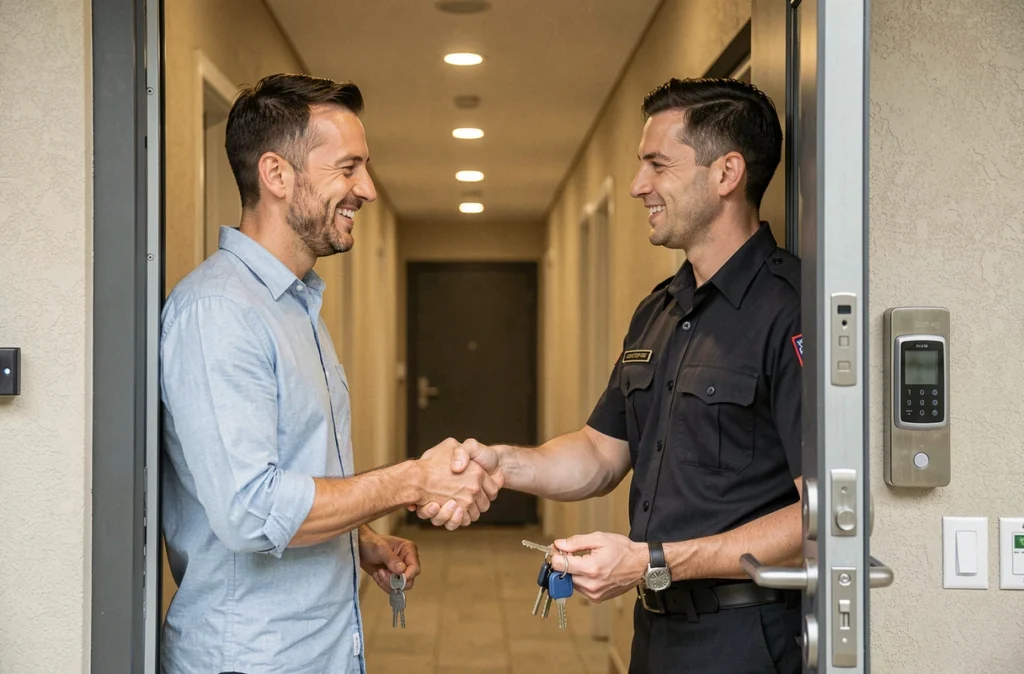 Propriétaire recevant ses nouvelles clés après l'intervention d'un serrurier dans son nouvel appartement