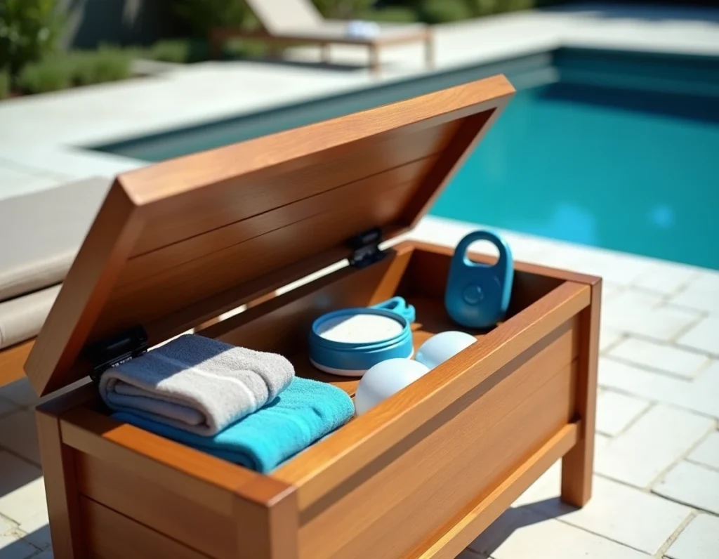Rangement bois ouvert au bord de la piscine avec accessoires de piscine organisés