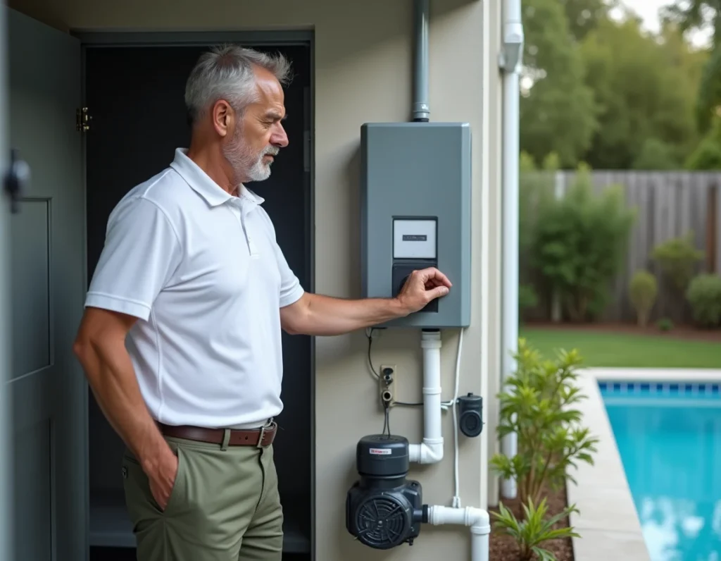 Homme réglant une pompe à vitesse variable pour réduire la consommation d'eau et d'énergie de sa piscine résidentielle