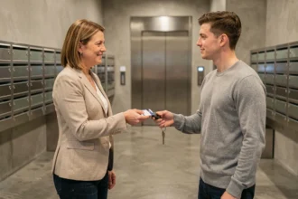 Femme remettant des badges et clés d'accès d'immeuble à un nouveau résident dans un hall d'entrée moderne