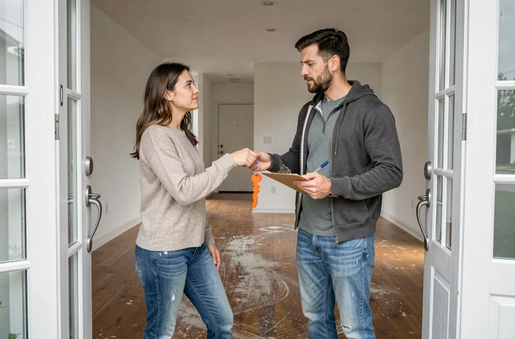Couple échangeant une clé sur le pas de la porte lors de la fin d'un déménagement