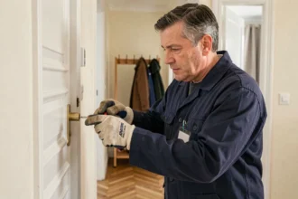 Serrurier professionnel en train de remplacer un barillet sur une porte d'appartement lors d'un emménagement