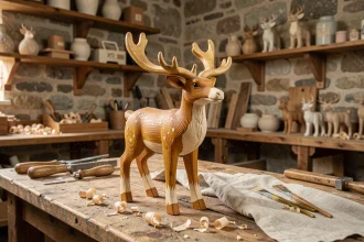 Renne de Noël en bois sculpté fait main posé sur un établi d'artisan français avec des outils de marqueterie