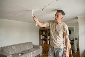 Homme sur escabeau en train de reboucher une fissure au plafond avec une spatule et de l'enduit blanc dans un salon de maison