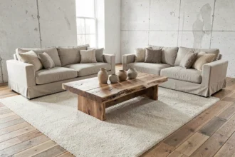 Salon contemporain avec table basse en bois brut de chêne et décoration naturelle sur tapis en laine