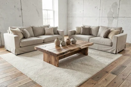 Salon contemporain avec table basse en bois brut de chêne et décoration naturelle sur tapis en laine