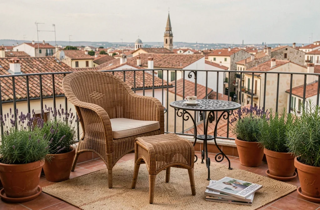 Petit salon de jardin en osier sur balcon avec vue panoramique sur toits méditerranéens et plantes aromatiques