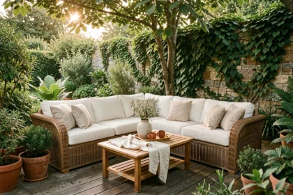 Salon de jardin en rotin naturel avec coussins épais sur terrasse en bois entourée de plantes vertes luxuriantes
