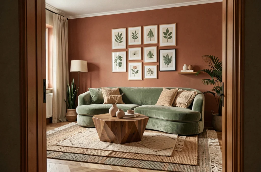 Salon redesigné grâce à un outil d'IA home design avec canapé vert sauge, tapis texturés et mur de cadres botaniques