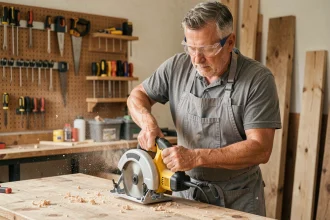 Utilisateur utilisant une scie circulaire Parkside LIDL dans un atelier de bricolage à domicile