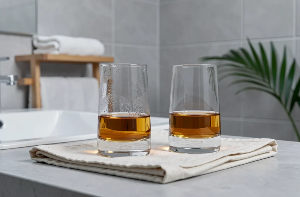 Deux verres à whisky japonais propres et brillants posés sur un linge de séchage en coton plié dans une cuisine minimaliste aux tons gris