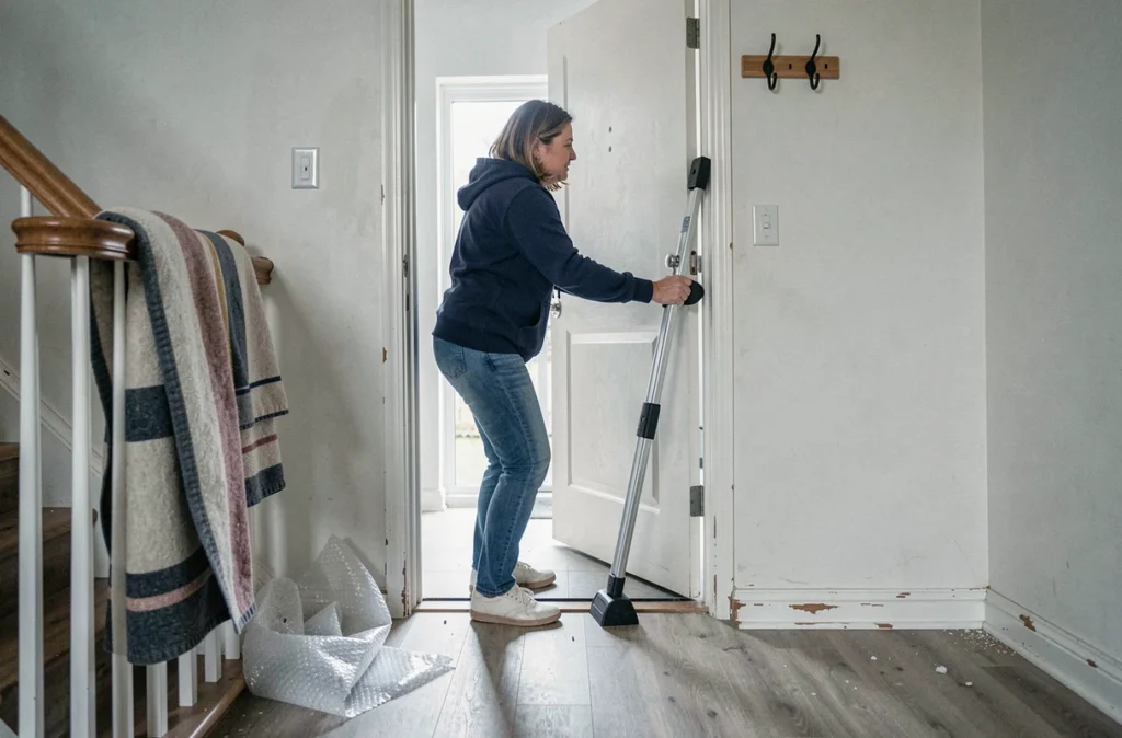 Femme sécurisant une porte d'entrée avec une barre de sécurité portable lors d'un appartement en cours de déménagement