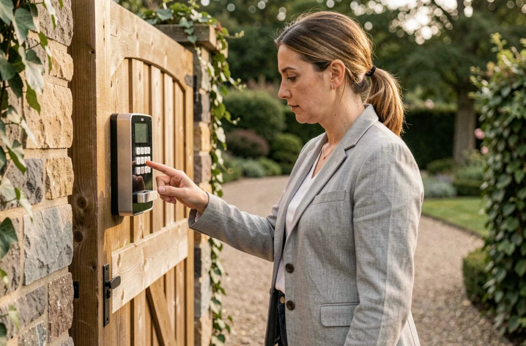 Femme inspectant une serrure à code numérique sur un portail en bois de jardin