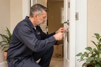 Serrurier professionnel installant une nouvelle serrure sur la porte d'entrée d'une habitation récemment emménagée