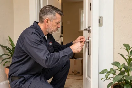 Serrurier professionnel installant une nouvelle serrure sur la porte d'entrée d'une habitation récemment emménagée