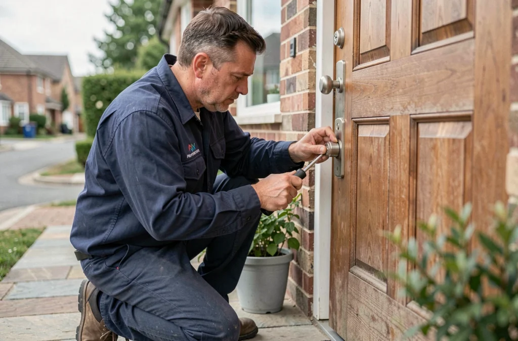 Serrurier professionnel installant une nouvelle serrure de sécurité sur la porte d'entrée d'une maison après un déménagement