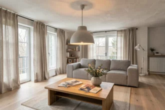 Salon scandinave moderne avec suspension en céramique mate au-dessus d'une table basse en chêne, atmosphère chaleureuse et épurée